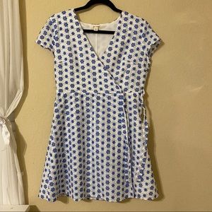 White & Blue Floral Wrap Tie Dress